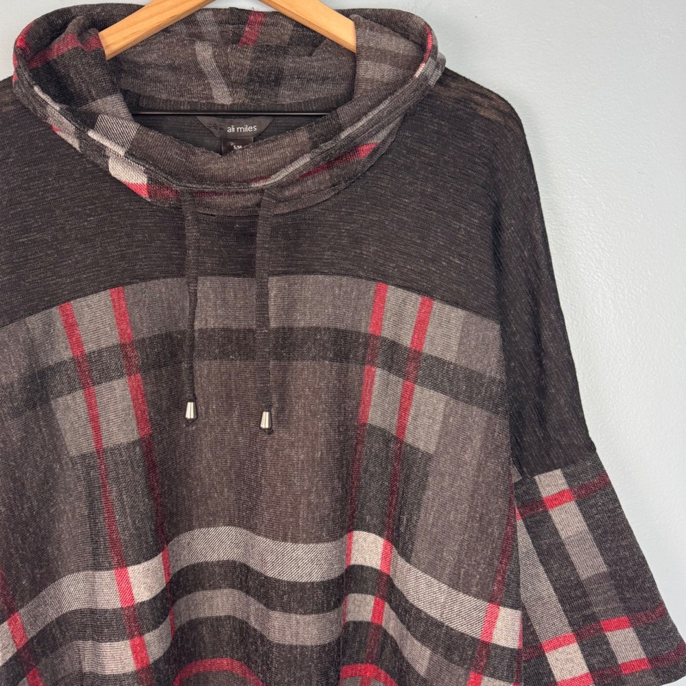 Ali Miles Womens S/M Gray Plaid Cowl Neck 3/4 Sleeve Poncho Pullover Top Blouse